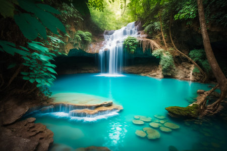 Beautiful waterfall in the middle of lush green forest. Generative AI.の素材