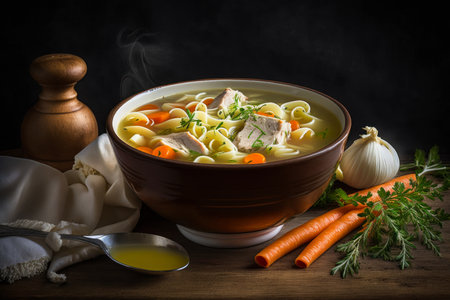 Bowl of chicken noodle soup with carrots and parsley. Generative AI.の素材