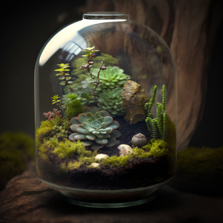 Glass jar filled with succulents and moss. Generative AI.の素材