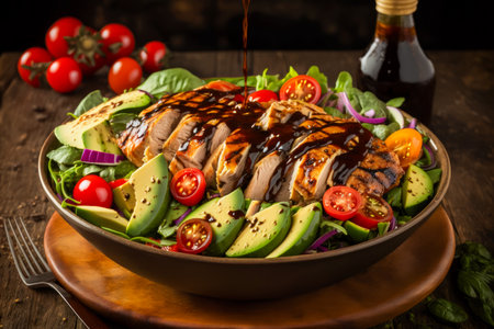 Salad with chicken, avocado and dressing on wooden table. Generative AI.の素材