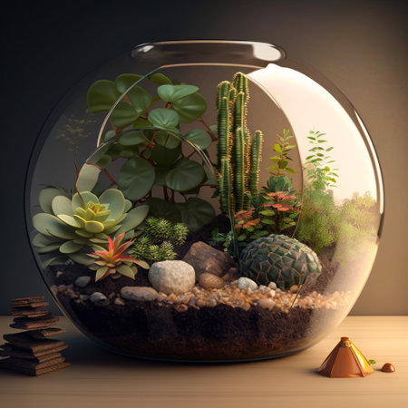 Glass bowl filled with plants and rocks. Generative AI.の素材