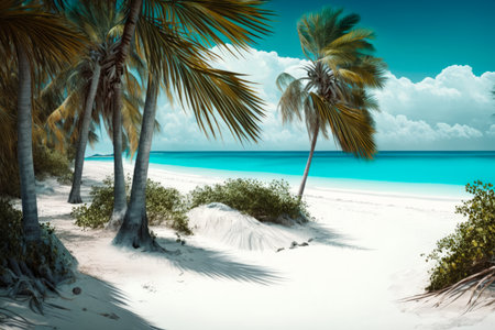 An image of tropical beach with palm trees. Generative AI.の素材