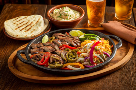 Mexican food is served on platter with two glasses of beer. Generative AI.の素材