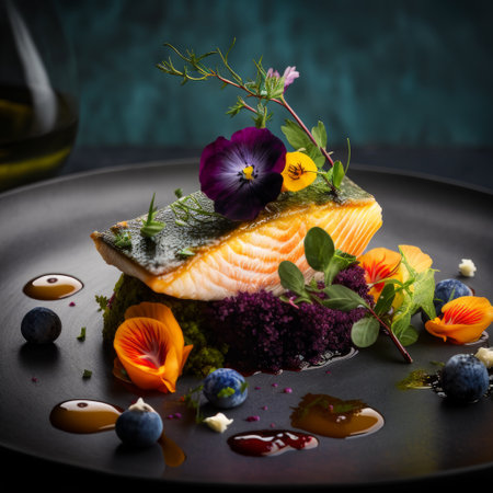 Plate of salmon with blueberries and flowers. Generative AI.の素材