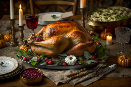 Thanksgiving turkey sits on table with candles. Generative AI.の素材