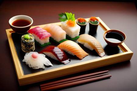 Sushi on wooden tray with chopsticks and cup of tea. Generative AI.の素材