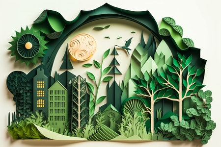 Paper cut out of forest with trees and buildings. Generative AI.の素材