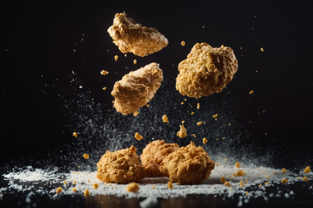 Chicken nuggets being thrown into the air on black background. Generative AI.の素材