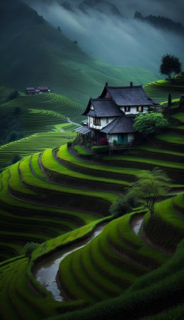 House sits in the middle of rice field. Generative AI.の素材