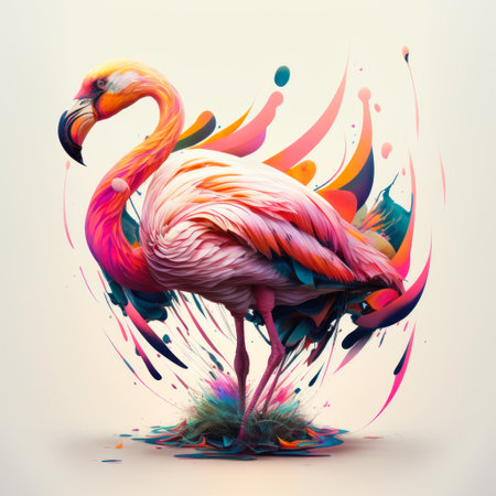 Flamingo with colorful splashes on its body. Generative AI.の素材