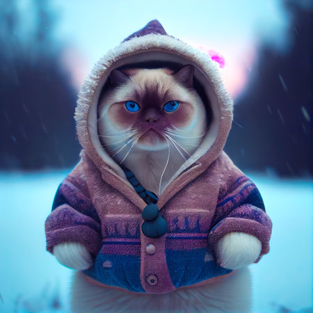 Cat wearing jacket and blue eyes in the snow. Generative AI.の素材