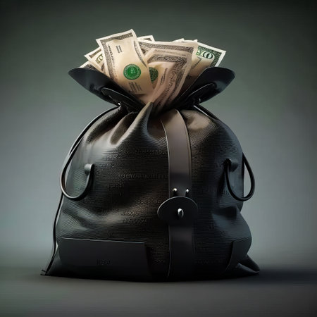 Black bag filled with money on dark background. Generative AI.の素材