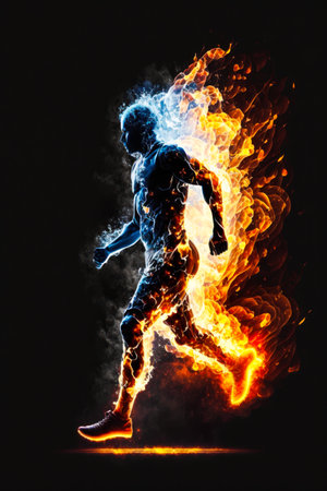 Man running in flames on black background. Generative AI.の素材