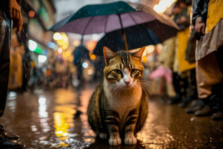 Cat sitting on the ground with an umbrella. Generative AI.の素材