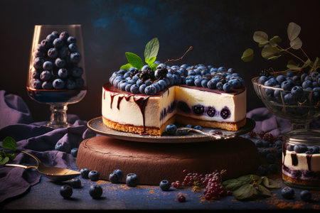 Blueberry cheesecake with blueberries on plate. Generative AI.の素材
