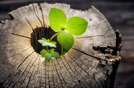 Clover plant growing out of hole in tree stump. Generative AI.の素材
