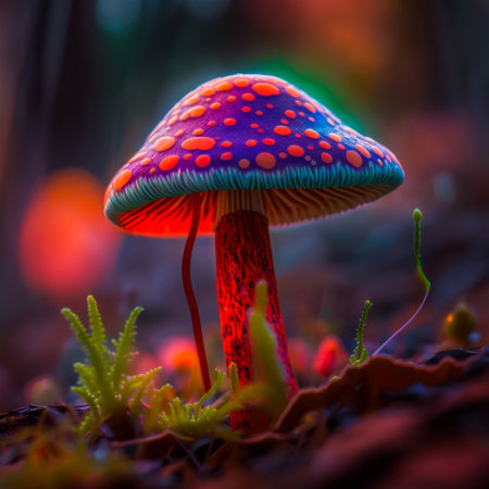 Psychedelic mushroom with bright colors in the forest. Generative AI.の素材