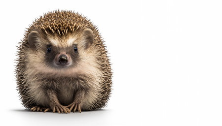 Hedgehog is sitting in front of white background. Generative AI.の素材