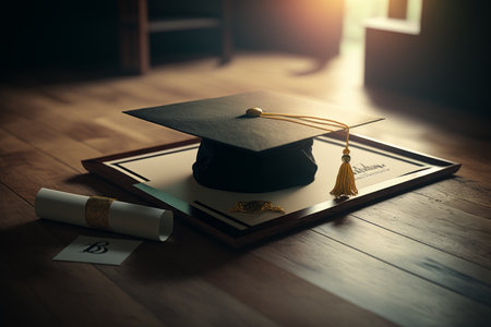 Graduation cap and diploma on wooden table. Generative AI.の素材