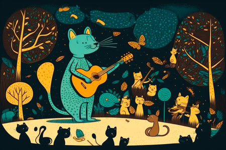 An image of cat playing guitar in the woods. Generative AI.の素材