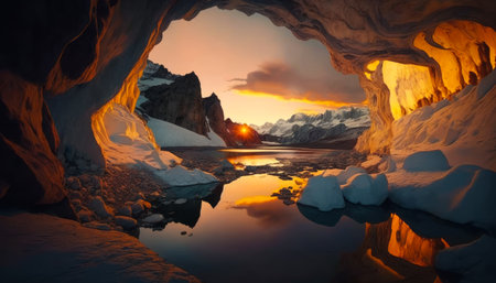 The sun is setting in cave with ice and snow. Generative AI.の素材