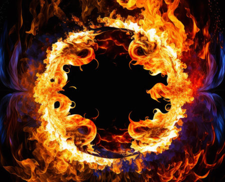 Circle of fire and flames on black background. Generative AI.の素材