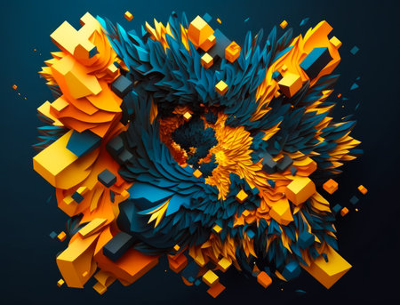 An abstract 3d image of an orange and blue cube. Generative AI.の素材