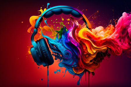 Headphones with colorful paint splashed on them. Generative AI.の素材