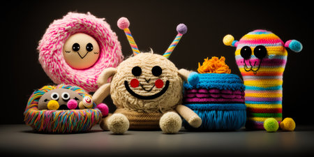 Group of colorful stuffed animals sitting on top of each other. Generative AI.の素材