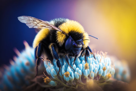 Bee is sitting on top of blue flower. Generative AI.の素材