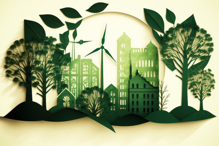 Paper cut art of the city with trees and windmills. Generative AI.の素材