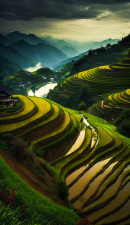 The terraced rice fields of vietnam. Generative AI.の素材