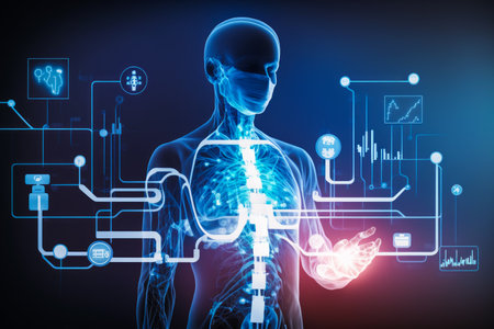 An image of a man holding his hand in front of a medical device. Generative AI.の素材