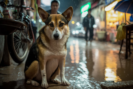 Dog is sitting on the ground in the rain. Generative AI.の素材