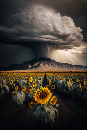 Sunflowers in field under storm cloud. Generative AI.の素材