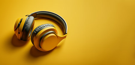 Pair of headphones on yellow background. Generative AI.の素材