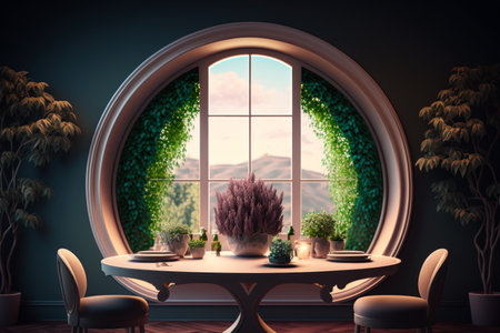 Round window with plants and table in front of it. Generative AI.の素材
