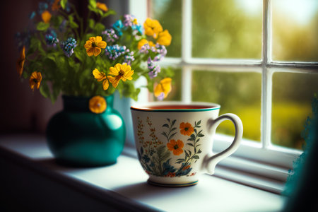 Cup of coffee sits on window sill next to vase of flowers. Generative AI.の素材