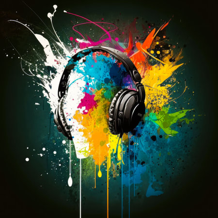 Headphones on colorful background with splashes of paint. Generative AI.の素材