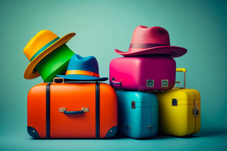 Group of colorful suitcases with hats on top. Generative AI.の素材
