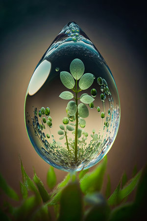 Drop of water with plants growing in it. Generative AI.の素材