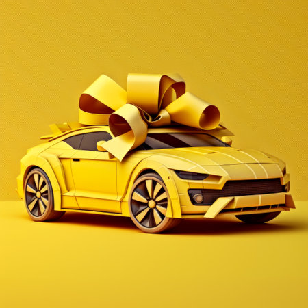 Yellow sports car with bow on it. Generative AI.の素材