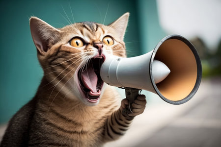 Cat with its mouth open yelling into megaphone. Generative AI.の素材