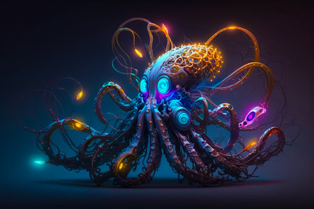 An octopus with glowing lights on its body. Generative AI.の素材