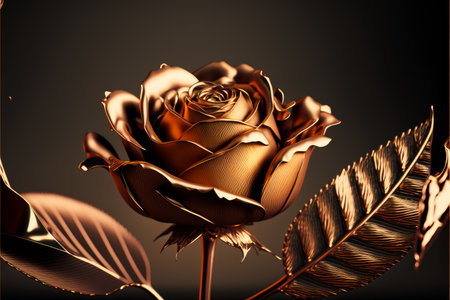 Rose with leaves on black background. Generative AI.の素材