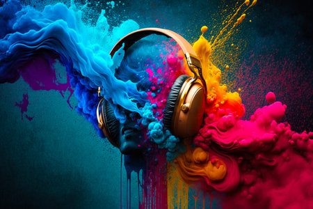 Pair of headphones with colorful paint splashed on them. Generative AI.の素材