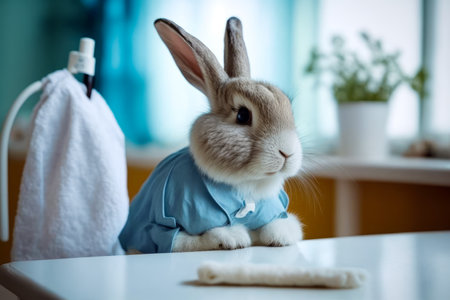 Rabbit dressed in blue shirt sitting on table next to white towel. Generative AI.の素材