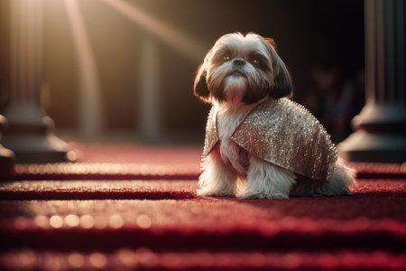 Small dog sitting on red carpet in room with light shining on it. Generative AI.の素材