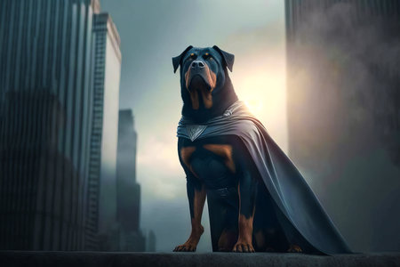 Dog dressed in cape sitting on top of ledge in the middle of city. Generative AI.の素材