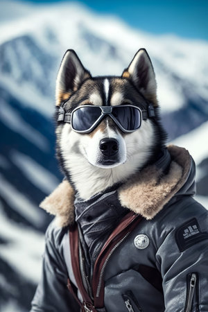 Husky dog wearing leather jacket and goggles with mountain in the background. Generative AI.の素材